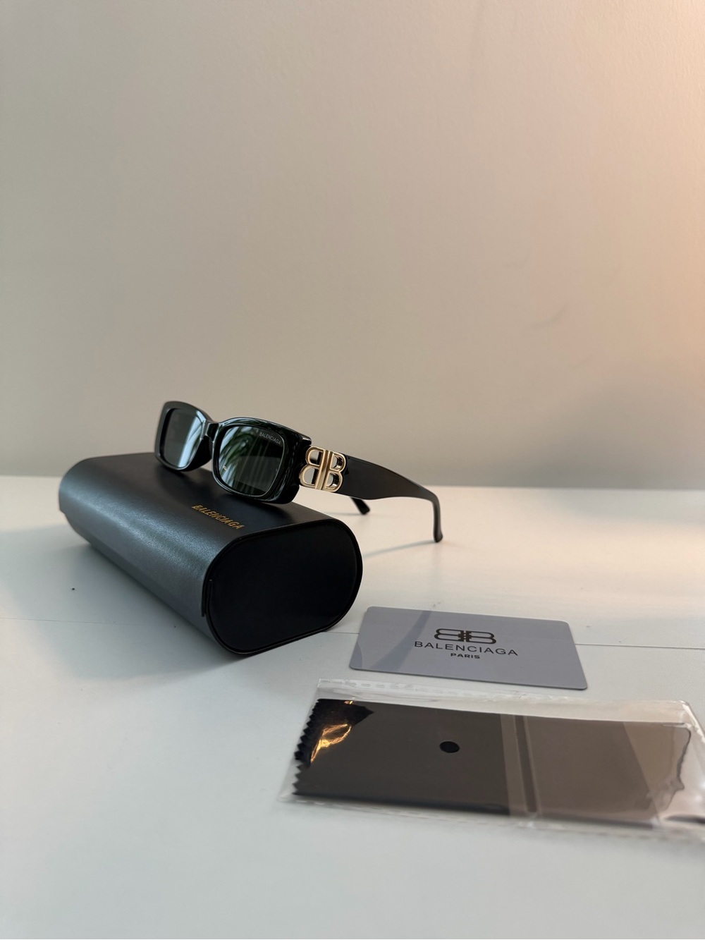 Balenciaga Black Rectangular Sunglasses with Gold BB Accent